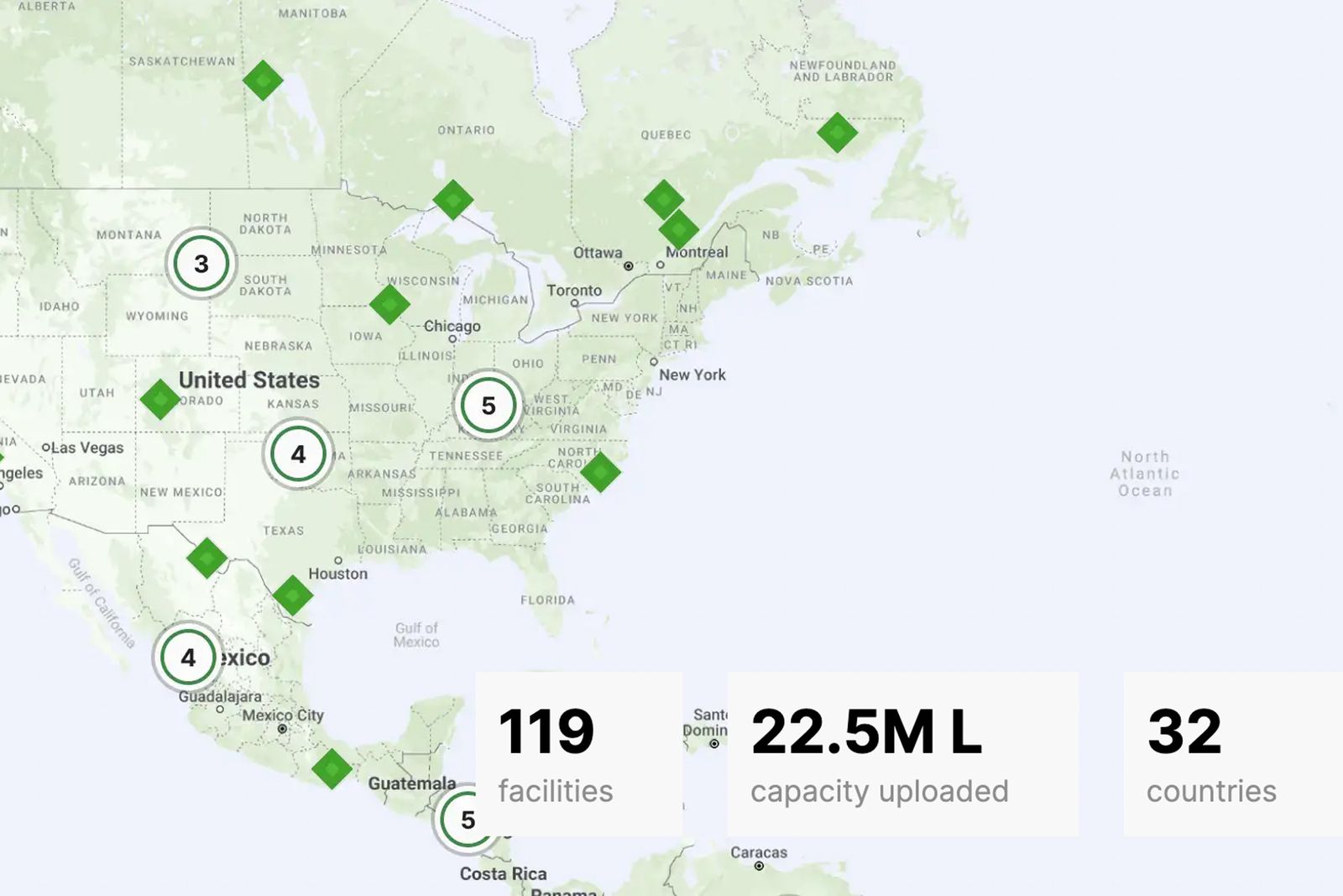 A map of the North America with green diamonds on several locations and circled numbers on other locations. Numbers on the bottom indicate numbers of facilities, capacity and countries.