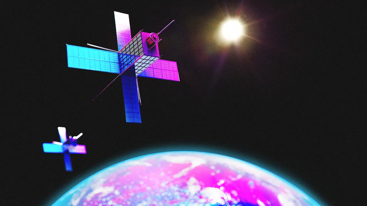 A rendering of Space Forge's shiny aqua, purple and pink manufacturing satellite, ForgeStar with sun in the background in space.