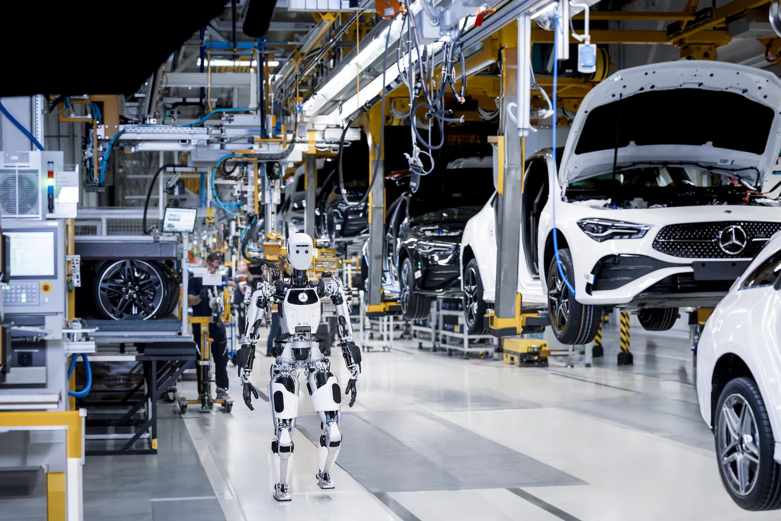 The Apollo robot shown on the floor of a Mercedes-Benz manufacturing facility.