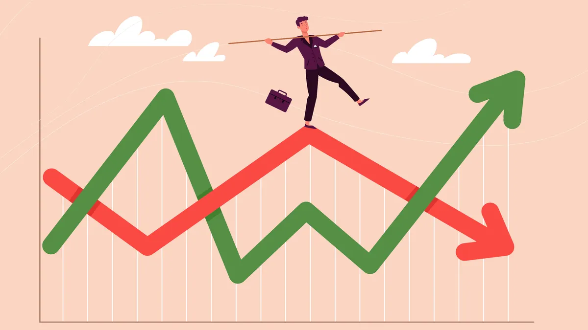 Financial investment volatility, up and down arrows profit graph due to Coronavirus crisis, businessman trying to balance like a tightrope walker so that volatility does not gobble up his investments