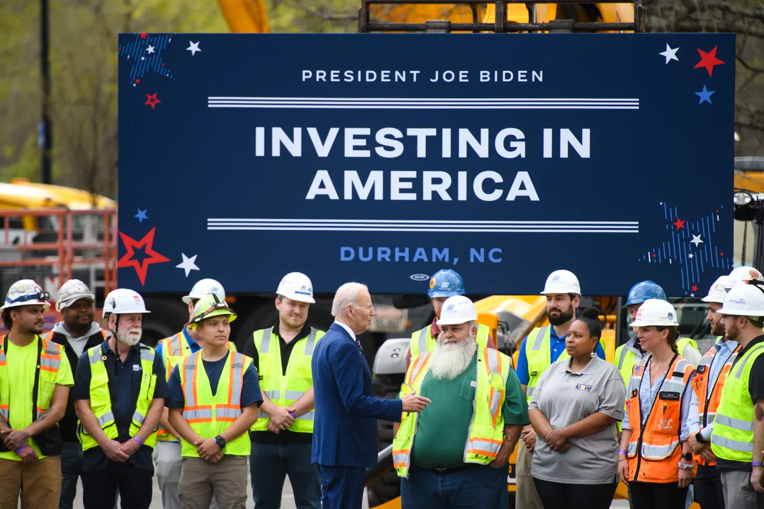 President Joe Biden greets union workers after a visit to Wolfspeed's North Carolina facility.