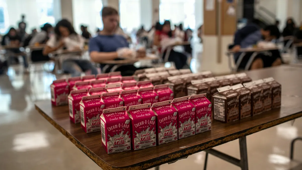 Half-pint milk cartons are lined up on a table and students are sitting in the background.