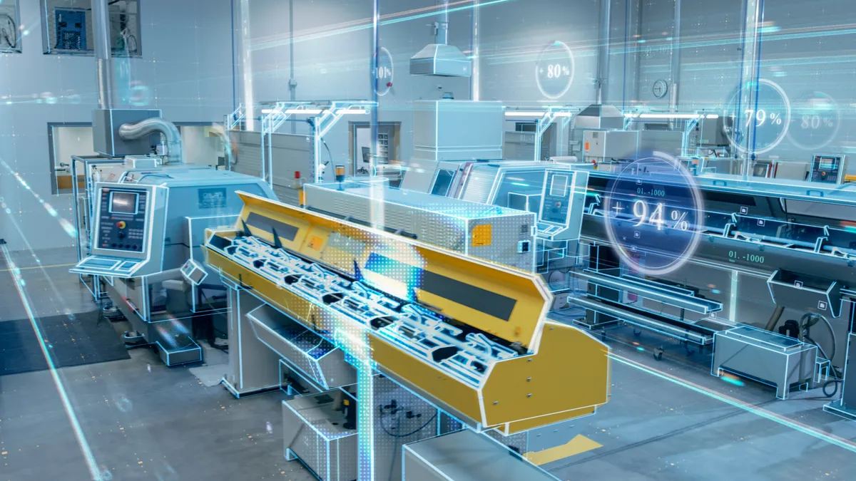 Futuristic Design: Factory Digitalization with Information Lines Lying Through the High-Tech Modern Electronics Facility.