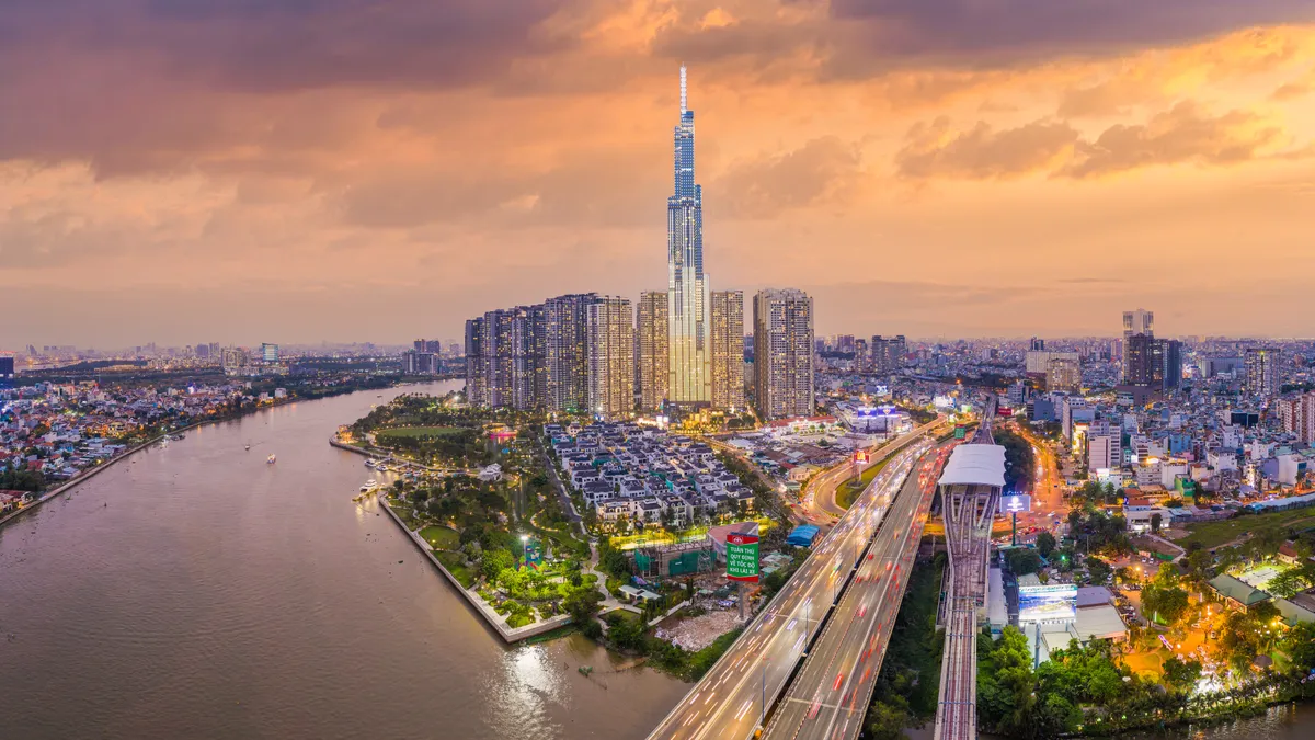 The skyline of Ho Chi Minh City, Vietnam, at sunset