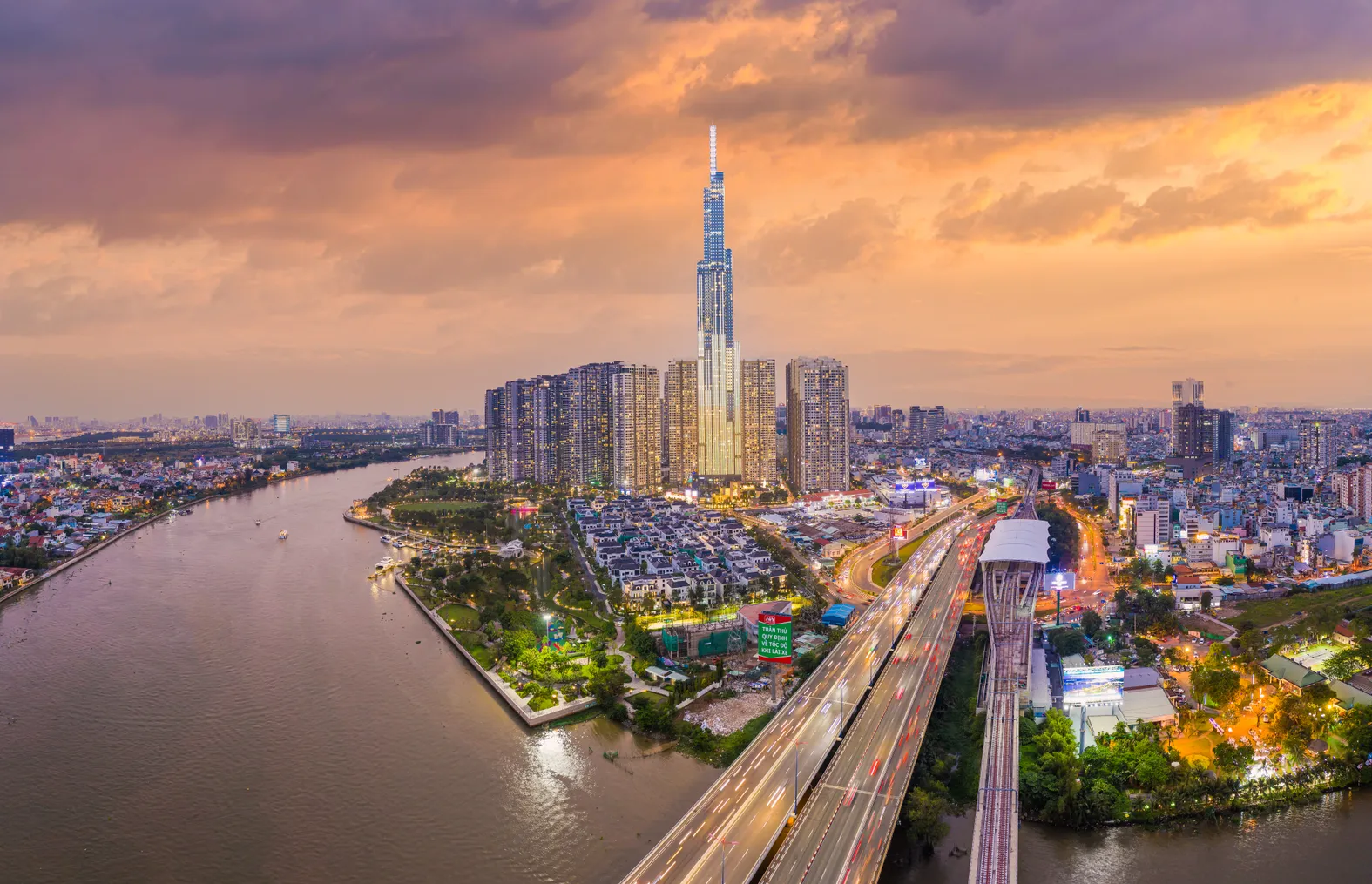 The skyline of Ho Chi Minh City, Vietnam, at sunset