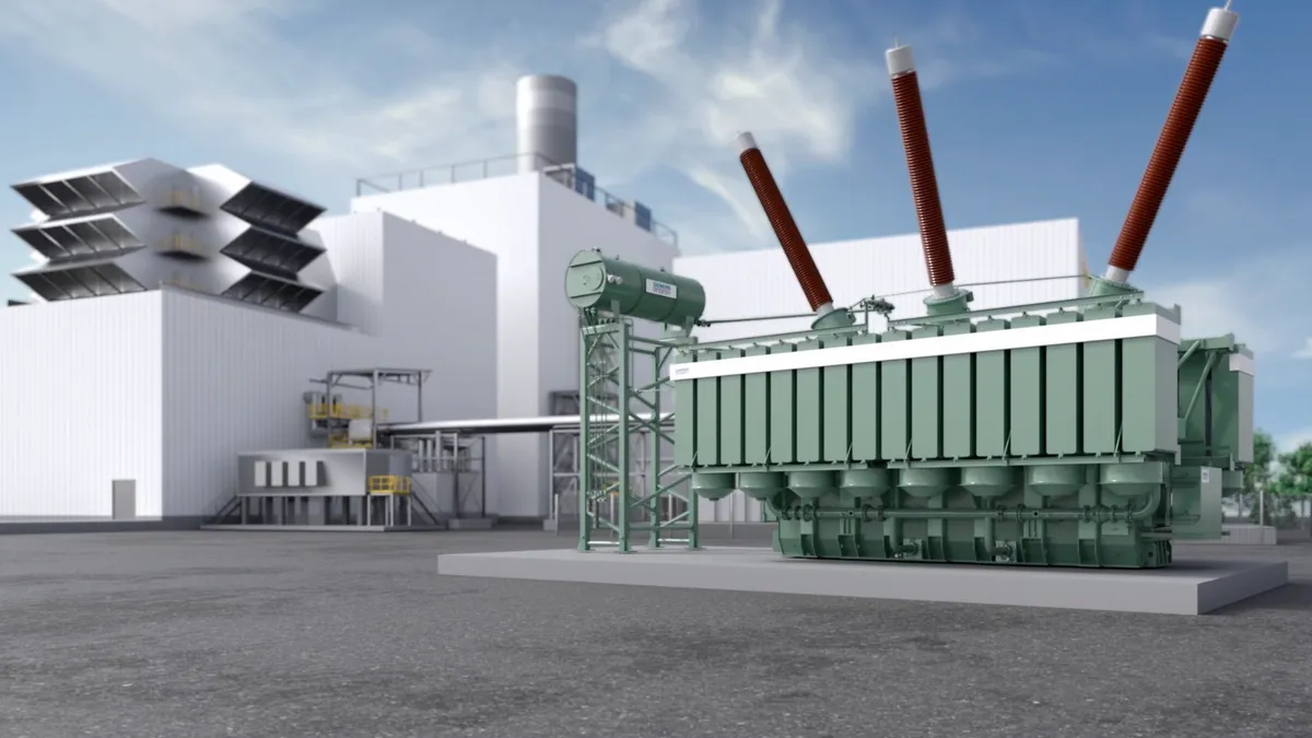 A 3D rendering of a greenish-gray Siemens Energy power transformer and a white building on its left side.