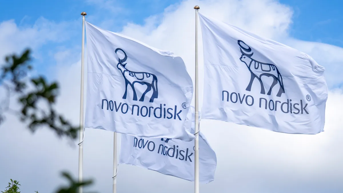 White flags bearing Novo Nordisk's logo are seen against a blue sky.