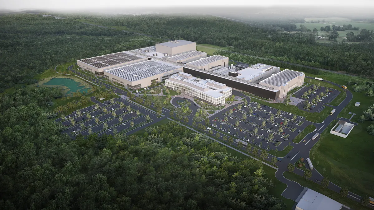 A rendering of a large cluster of manufacturing facilities and surrounding parking lots.